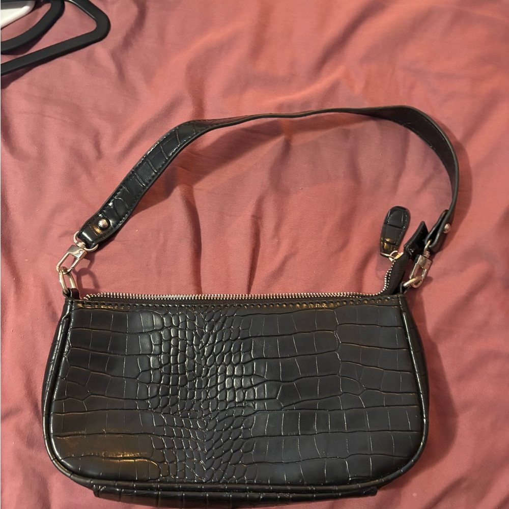 Black Croc-Embossed Shoulder Bag
